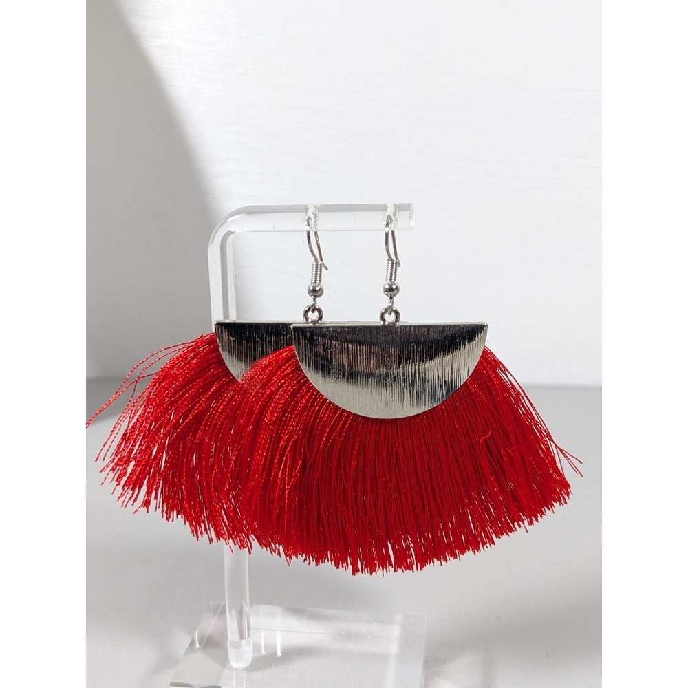 Silver Tone Red Fringe Boho Silver Tone Crescent moon Dangle Hook Earrings
